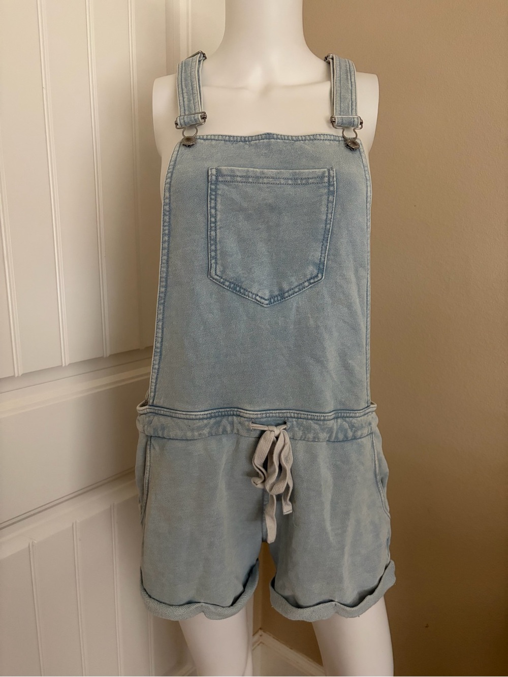 Light Wash Blue Denim Short Overalls - Women